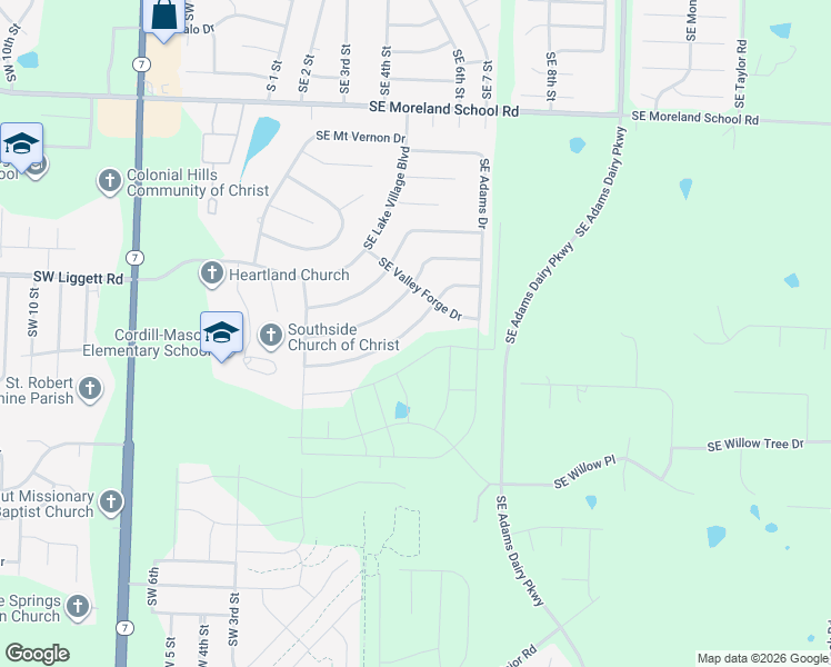 map of restaurants, bars, coffee shops, grocery stores, and more near 300 Southeast Williamsburg Drive in Blue Springs