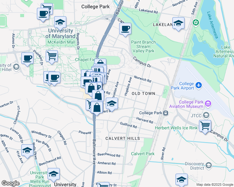 map of restaurants, bars, coffee shops, grocery stores, and more near 7401 Princeton Avenue in College Park