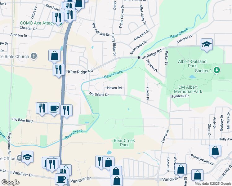 map of restaurants, bars, coffee shops, grocery stores, and more near 2921 Northland Dr in Columbia