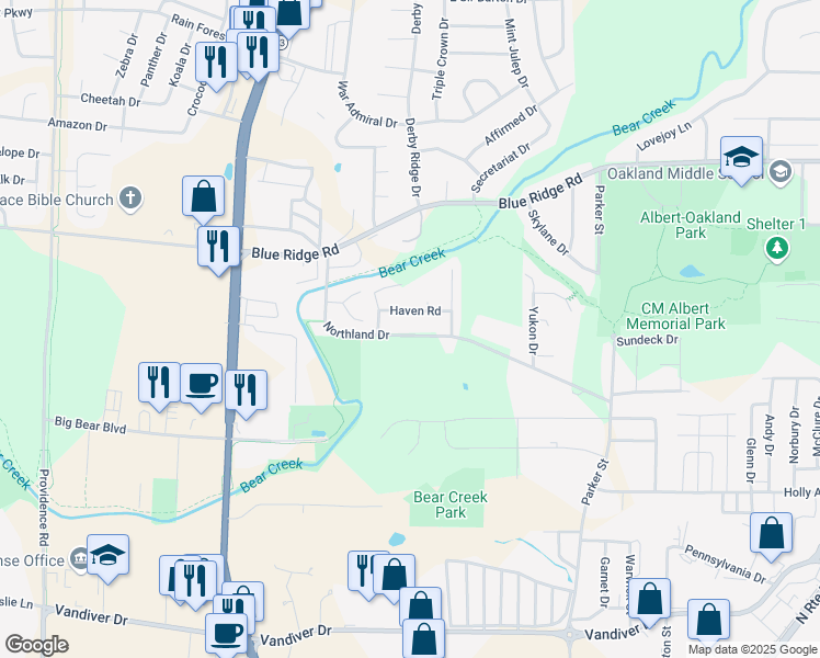 map of restaurants, bars, coffee shops, grocery stores, and more near 2921 Northland Dr in Columbia