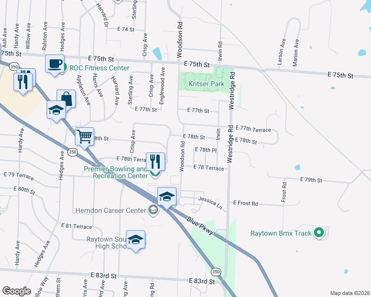 map of restaurants, bars, coffee shops, grocery stores, and more near 7808 Woodson Road in Raytown