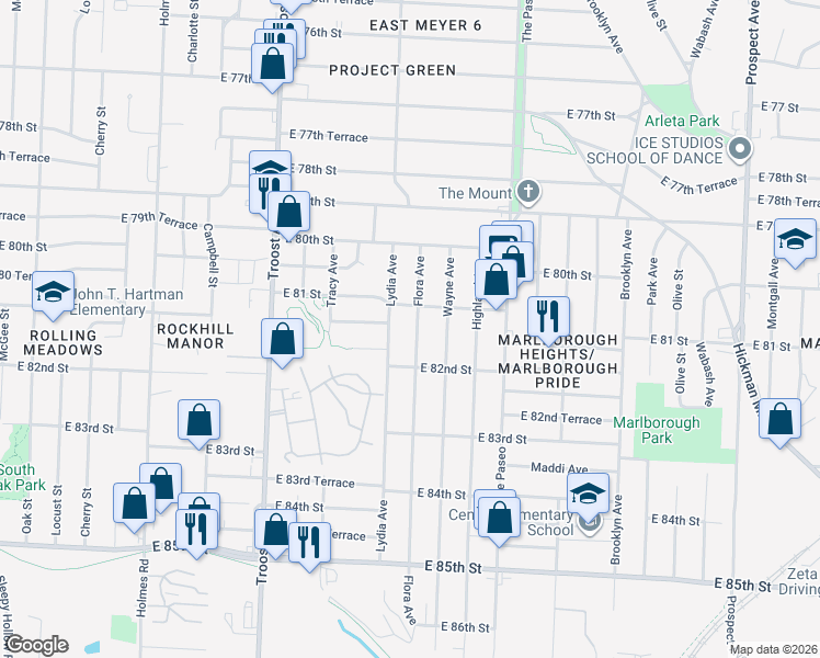 map of restaurants, bars, coffee shops, grocery stores, and more near 8106 Flora Avenue in Kansas City