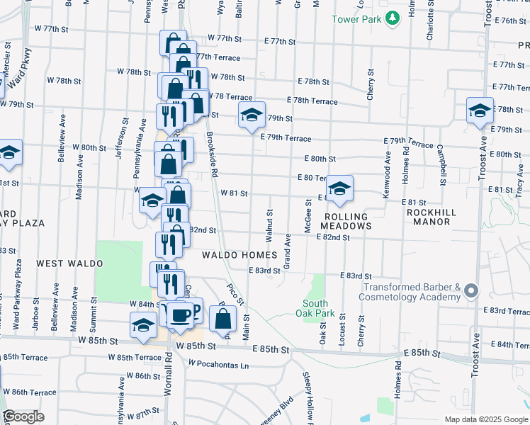 map of restaurants, bars, coffee shops, grocery stores, and more near 8107 Main Street in Kansas City
