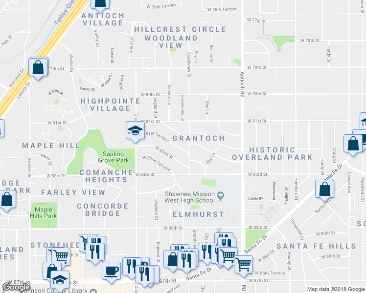 map of restaurants, bars, coffee shops, grocery stores, and more near 9106 West 81st Terrace in Overland Park