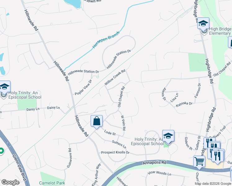 map of restaurants, bars, coffee shops, grocery stores, and more near 12902 Old Chapel Court in Bowie