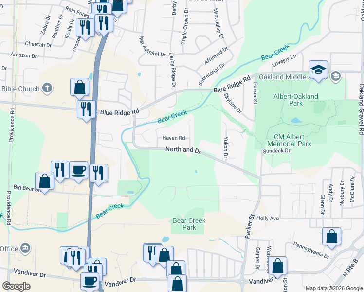 map of restaurants, bars, coffee shops, grocery stores, and more near 2921 Northland Drive in Columbia