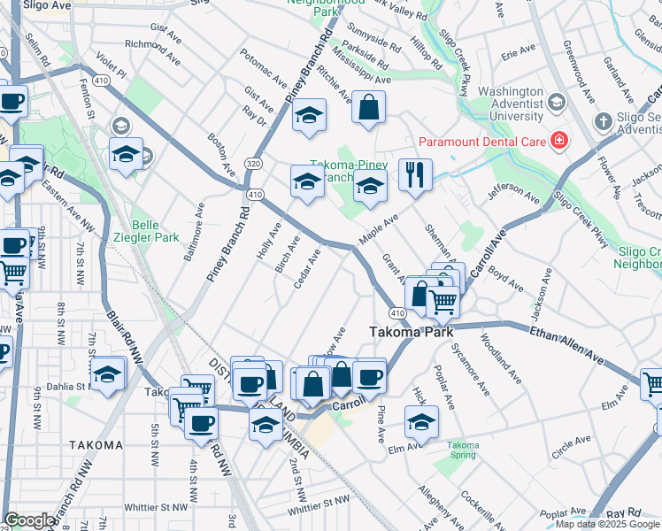 map of restaurants, bars, coffee shops, grocery stores, and more near 7416 Maple Avenue in Takoma Park