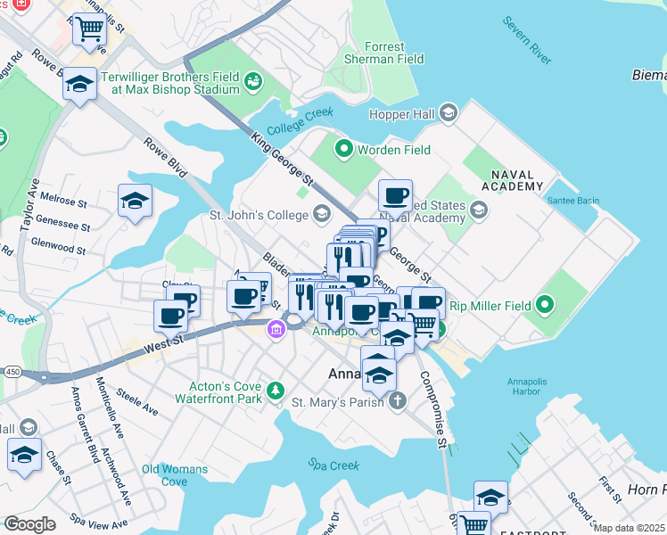 map of restaurants, bars, coffee shops, grocery stores, and more near 67 College Avenue in Annapolis