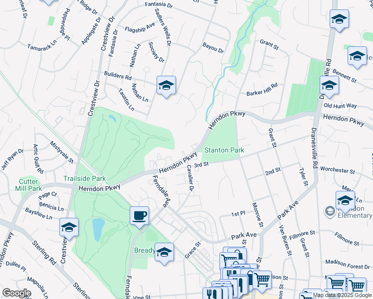 map of restaurants, bars, coffee shops, grocery stores, and more near 1110 Stevenson Court in Herndon