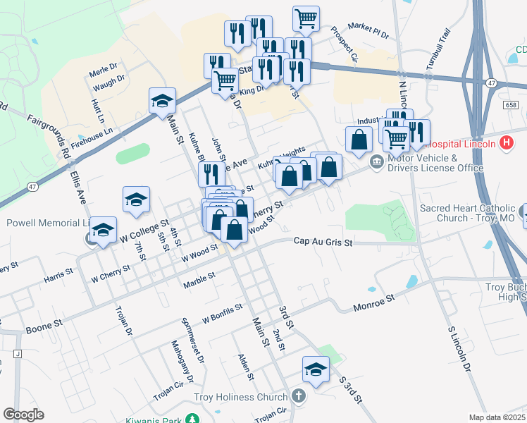 map of restaurants, bars, coffee shops, grocery stores, and more near 355 East Cherry Street in Troy