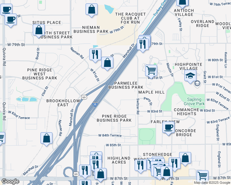 map of restaurants, bars, coffee shops, grocery stores, and more near 8135 Lenexa Drive in Overland Park