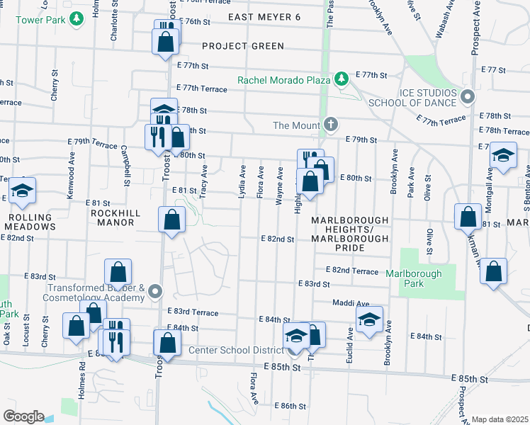 map of restaurants, bars, coffee shops, grocery stores, and more near 8106 Flora Avenue in Kansas City
