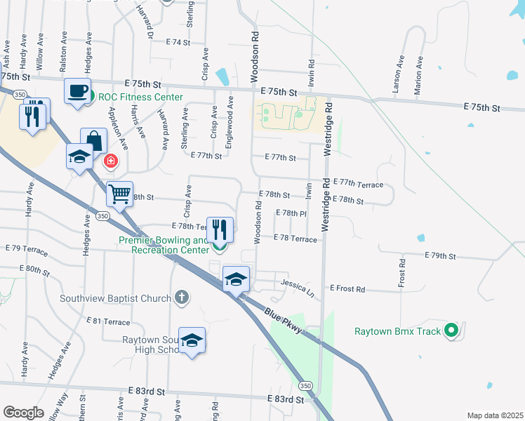 map of restaurants, bars, coffee shops, grocery stores, and more near 7808 Woodson Road in Raytown