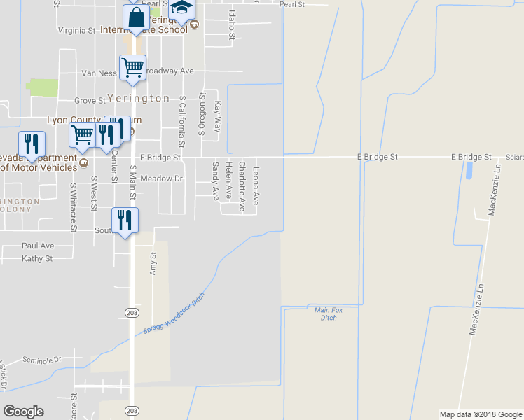 map of restaurants, bars, coffee shops, grocery stores, and more near 406 Leona Avenue in Yerington