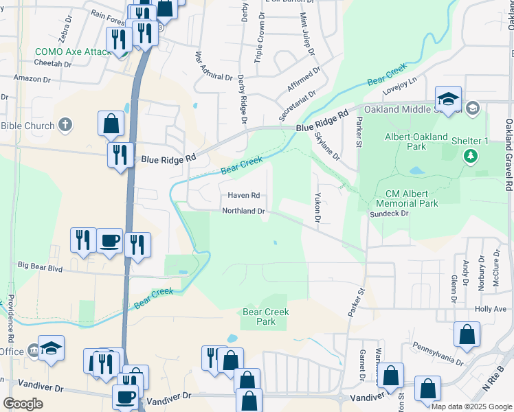 map of restaurants, bars, coffee shops, grocery stores, and more near 2921 Northland Drive in Columbia