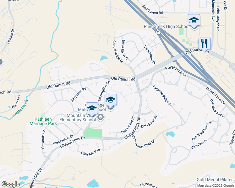 map of restaurants, bars, coffee shops, grocery stores, and more near 10306 Peach Blossom Trail in Colorado Springs