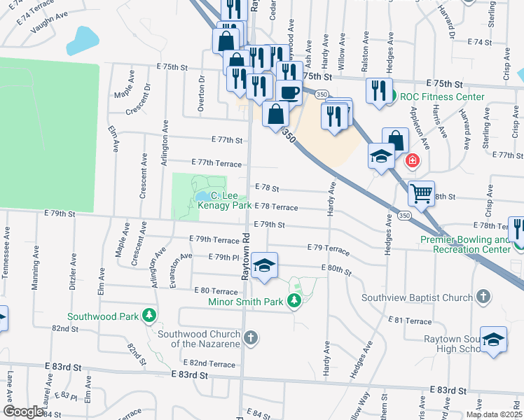 map of restaurants, bars, coffee shops, grocery stores, and more near 10009 East 78 Terrace in Raytown
