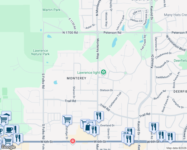 map of restaurants, bars, coffee shops, grocery stores, and more near 160 Aspen Lane in Lawrence