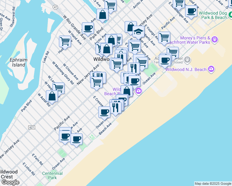 map of restaurants, bars, coffee shops, grocery stores, and more near 5100 Atlantic Avenue in Wildwood