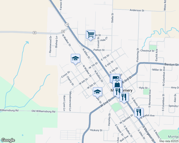 map of restaurants, bars, coffee shops, grocery stores, and more near 620 North Walker Street in Montgomery City