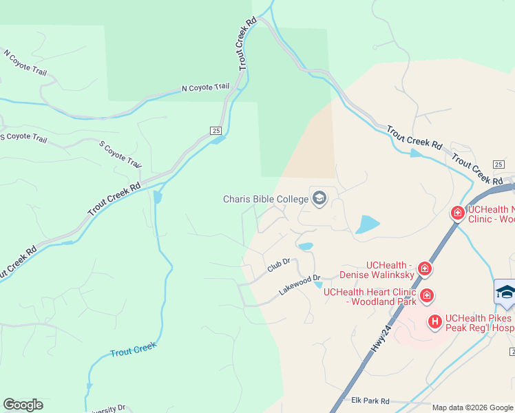 map of restaurants, bars, coffee shops, grocery stores, and more near 32 Leisure Lane in Woodland Park