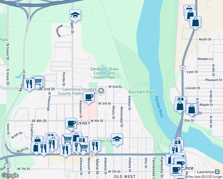 map of restaurants, bars, coffee shops, grocery stores, and more near 207 Illinois Street in Lawrence