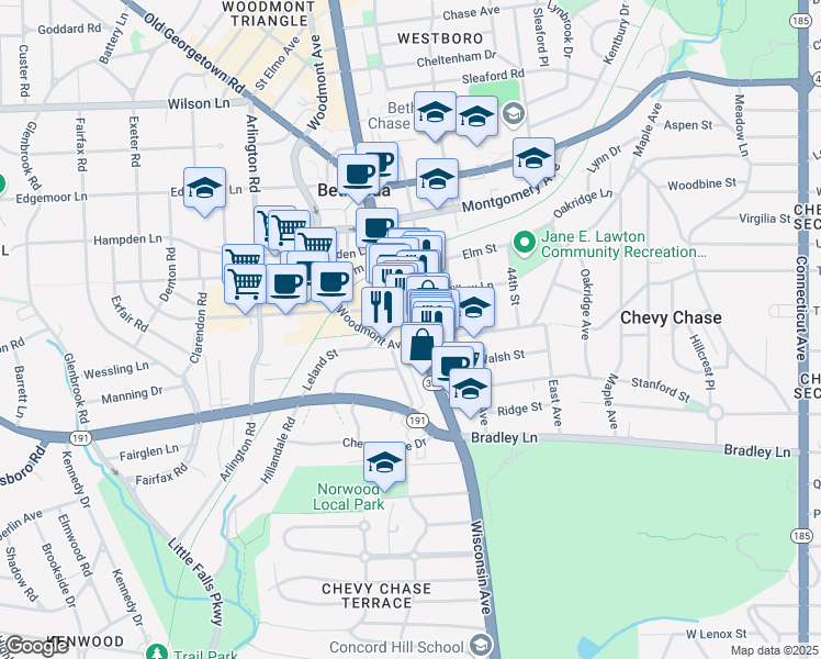 map of restaurants, bars, coffee shops, grocery stores, and more near 7120 Maryland 355 in Bethesda