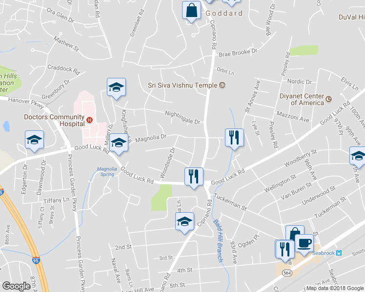 map of restaurants, bars, coffee shops, grocery stores, and more near 8602 Chervil Road in Lanham