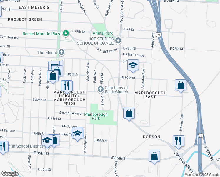 map of restaurants, bars, coffee shops, grocery stores, and more near 8014 Hickman Mills Drive in Kansas City