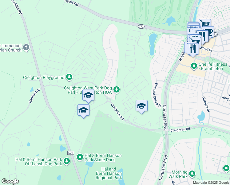 map of restaurants, bars, coffee shops, grocery stores, and more near 23025 Canyon Oak Court in Leesburg