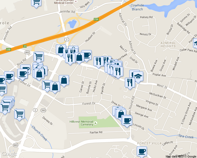 map of restaurants, bars, coffee shops, grocery stores, and more near 3 Hicks Avenue in Annapolis