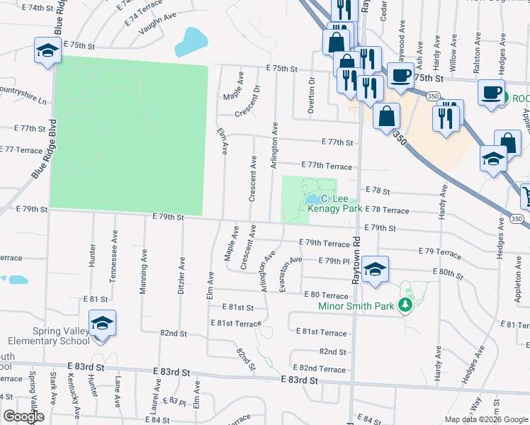 map of restaurants, bars, coffee shops, grocery stores, and more near 7817 Arlington Avenue in Raytown