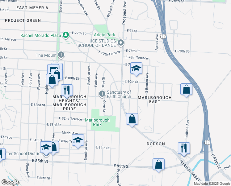 map of restaurants, bars, coffee shops, grocery stores, and more near 8014 Hickman Mills Drive in Kansas City