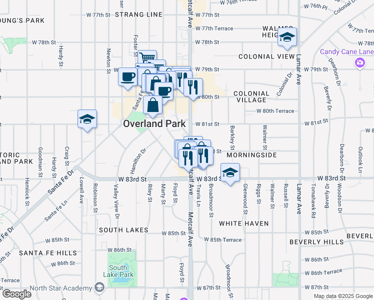 map of restaurants, bars, coffee shops, grocery stores, and more near 8200 Metcalf Avenue in Overland Park