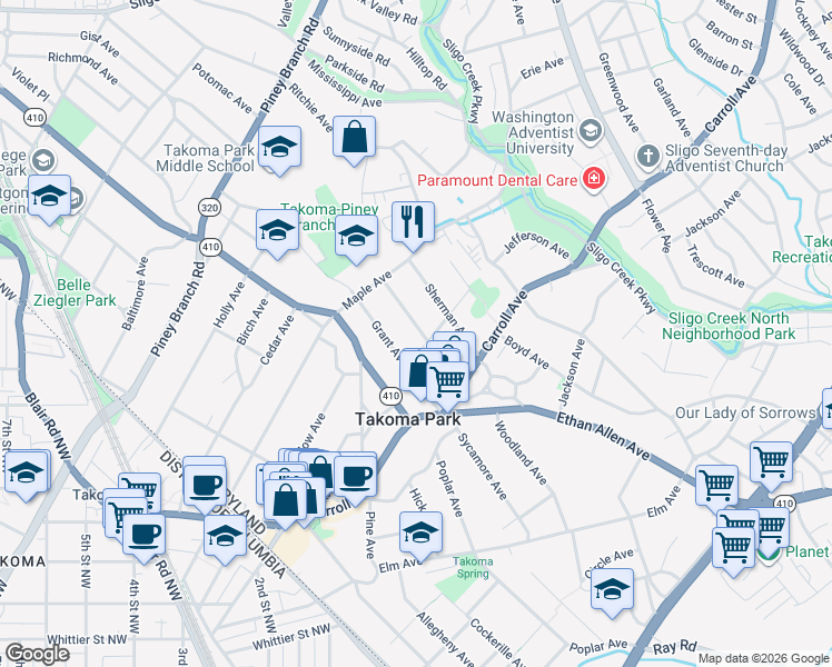map of restaurants, bars, coffee shops, grocery stores, and more near 110 Lee Avenue in Takoma Park