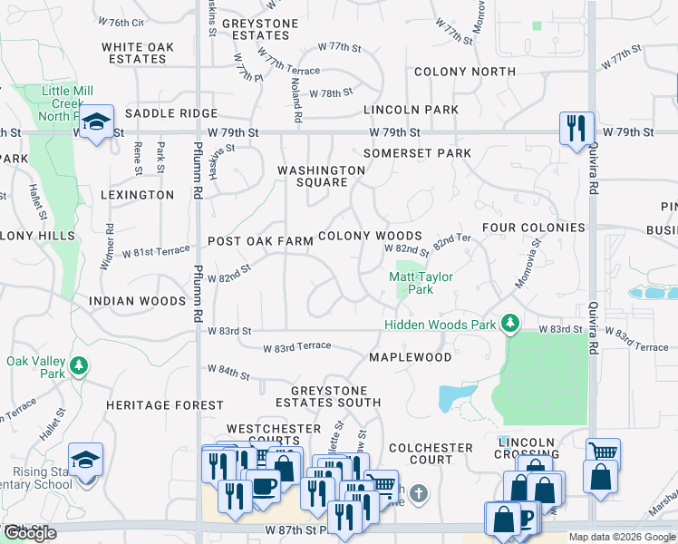 map of restaurants, bars, coffee shops, grocery stores, and more near 12812 West 82nd Street in Lenexa