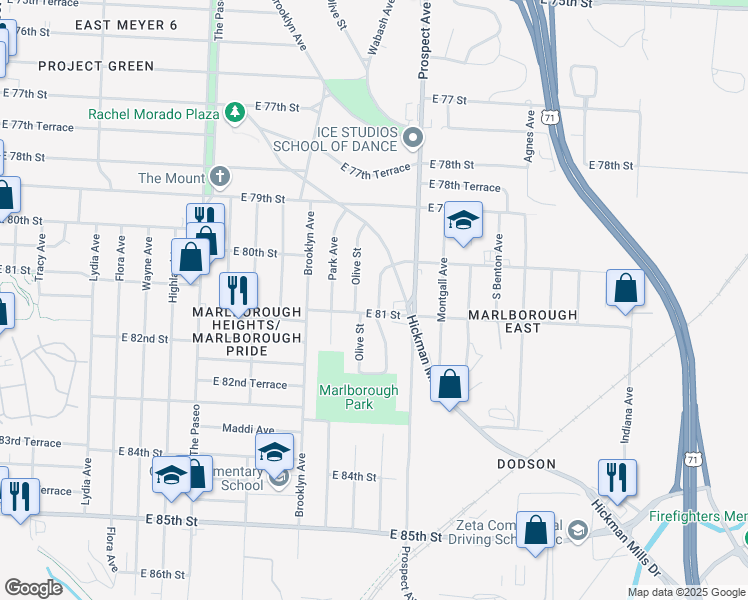 map of restaurants, bars, coffee shops, grocery stores, and more near 8036 Wabash Avenue in Kansas City