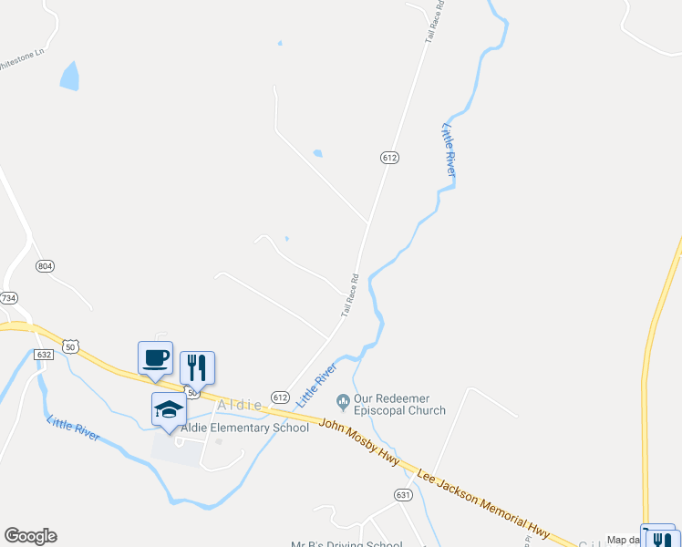 map of restaurants, bars, coffee shops, grocery stores, and more near 23065 Tail Race Road in Aldie