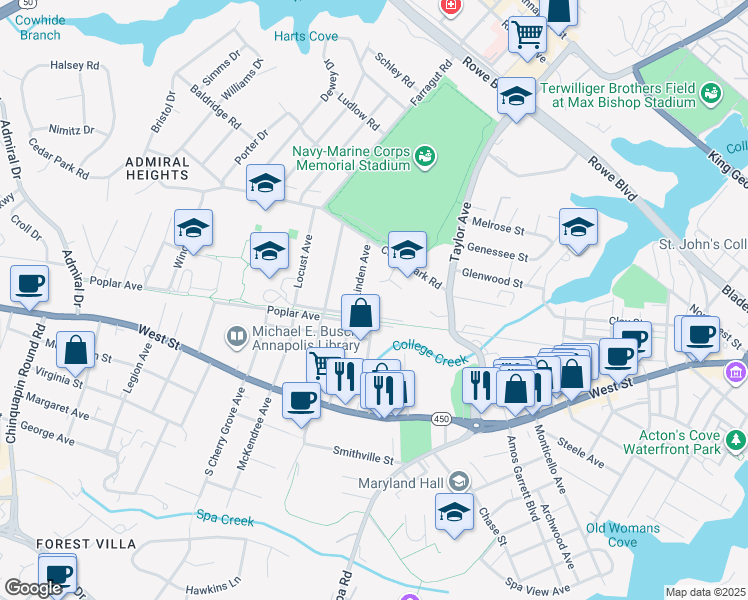 map of restaurants, bars, coffee shops, grocery stores, and more near 209 Woodlawn Avenue in Annapolis