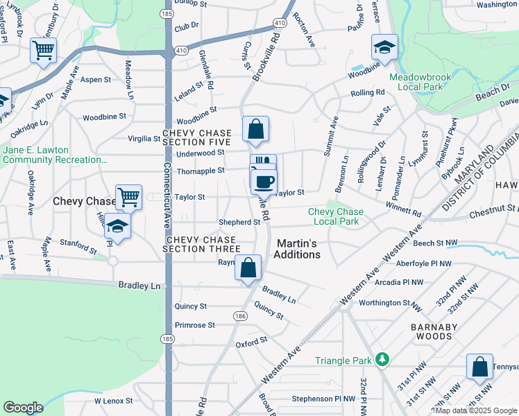 map of restaurants, bars, coffee shops, grocery stores, and more near 7006 Brookville Road in Chevy Chase