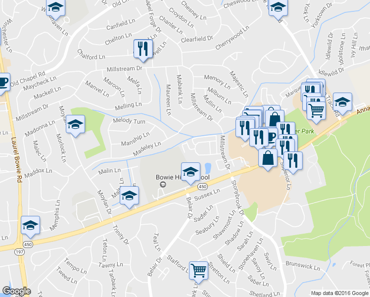 map of restaurants, bars, coffee shops, grocery stores, and more near 3406 Maple Bluff Lane in Bowie