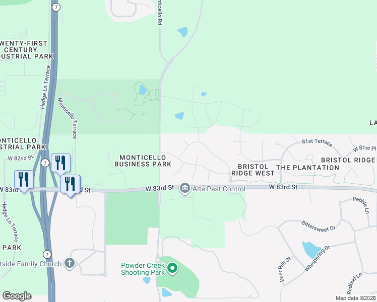 map of restaurants, bars, coffee shops, grocery stores, and more near 8215 Monticello Road in Lenexa