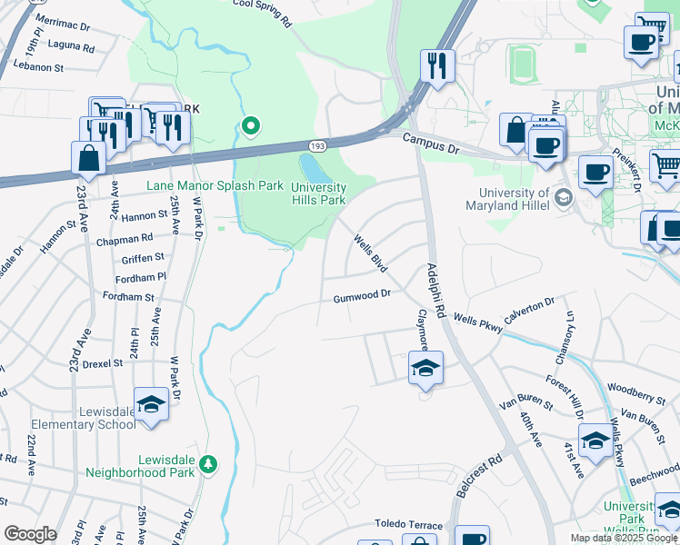 map of restaurants, bars, coffee shops, grocery stores, and more near 3304 Pennsylvania Street in Hyattsville