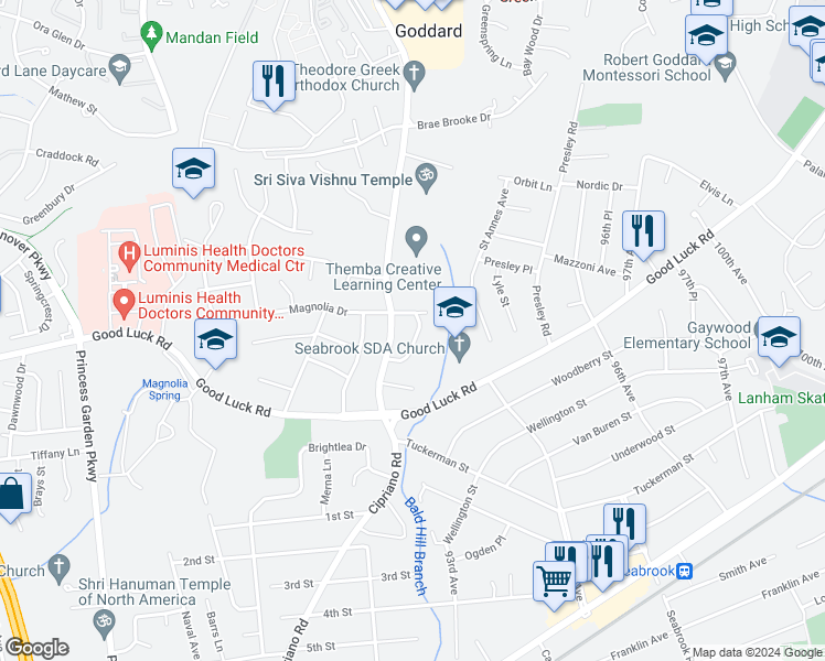 map of restaurants, bars, coffee shops, grocery stores, and more near 6614 Magnolia Terrace in Lanham