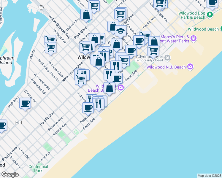 map of restaurants, bars, coffee shops, grocery stores, and more near 317 East Hand Avenue in Wildwood