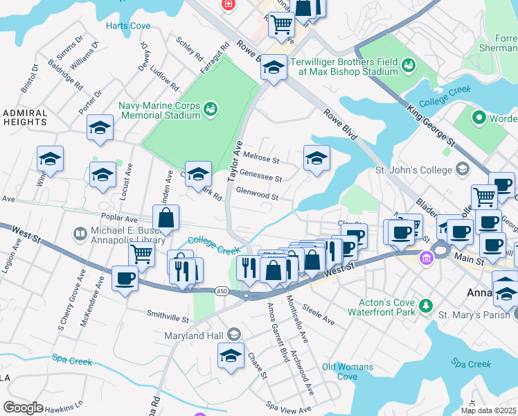 map of restaurants, bars, coffee shops, grocery stores, and more near 694 Rosedale Street in Annapolis