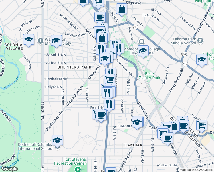 map of restaurants, bars, coffee shops, grocery stores, and more near 7428 Georgia Avenue Northwest in Washington