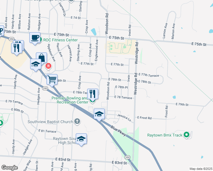 map of restaurants, bars, coffee shops, grocery stores, and more near 7808 Woodson Road in Raytown