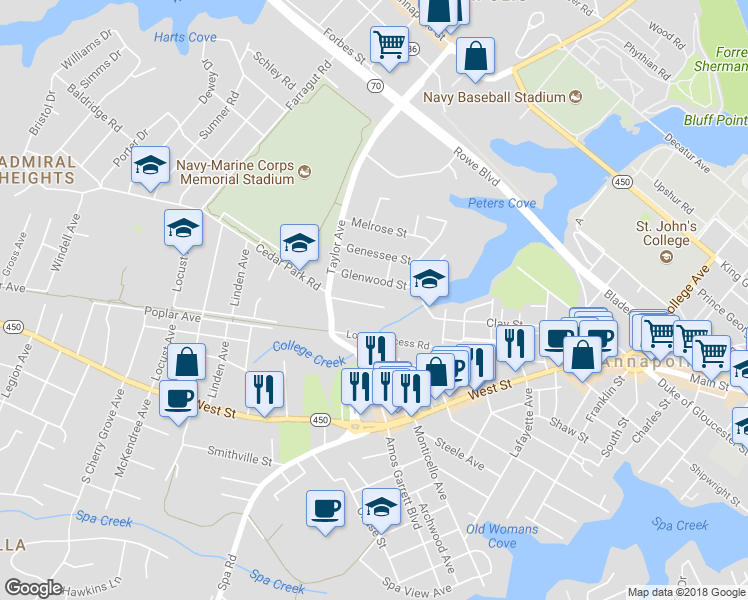map of restaurants, bars, coffee shops, grocery stores, and more near 700 Rosedale Street in Annapolis