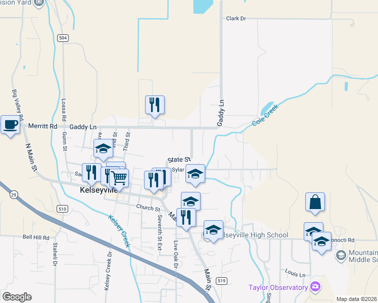 map of restaurants, bars, coffee shops, grocery stores, and more near 5109 State Street in Kelseyville